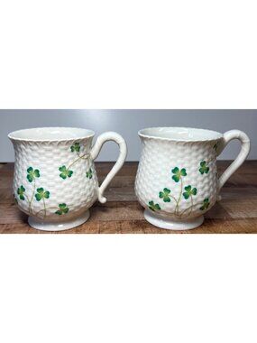 Pair Of Nantucket Home Ceramic Shamrock Mugs With Basketweave Texture